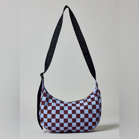 Baggu Checkered Medium Crescent Bag Blue & Dark Brown NEW NWT LAST ONE - Picture 1 of 5